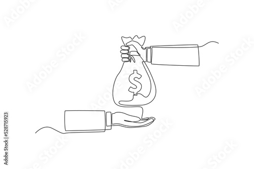 Continuous one line drawing Hand with bag giving money to another hand. Wealth and prosperity concept. Single line draw design vector graphic illustration.