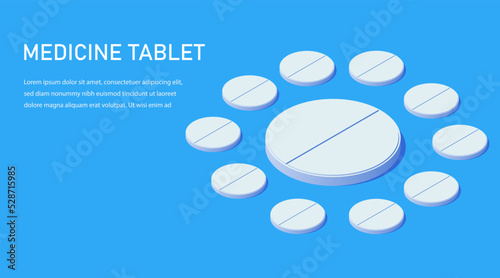 Medicine tablet. Medical round aspirin pill icon on a blue background. Vector isometric illustration. 3d vitamin element