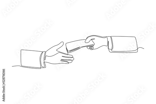 Continuous one line drawing hand receives money from the other hand. Wealth and prosperity concept. Single line draw design vector graphic illustration.