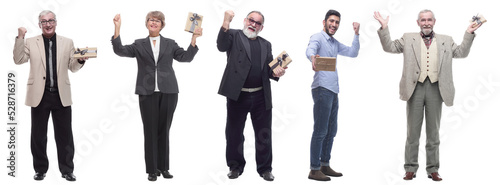 group of happy people with gifts in their hands isolated