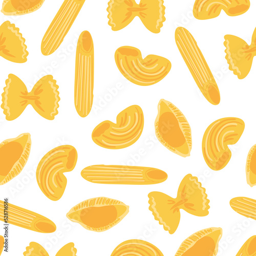 Italian pasta vector pattern. Different types of pasta. Penne, farfalle, fusilli, shell shape. Food wallpaper. Wrapping paper. Delicious dish.