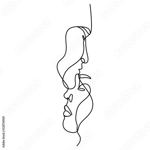man kisses a woman on the forehead, drawn in a continuous line