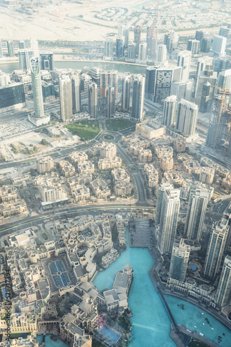 Dubai view from observation deck on 148 floor Burj Khalifa megatall skyscraper in United Arab Emirates 