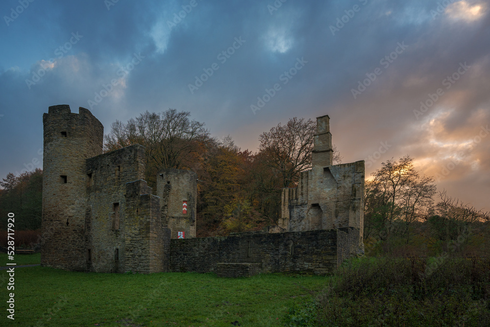 Burgruine Ruine einer Wasserburg mit Burgturm und Burgmauern umgeben von Wald und einem Fluss