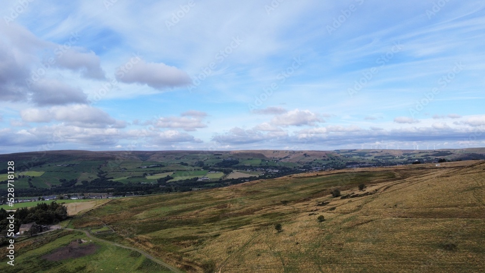 Aerial view of rural farmland with fields and grassland. Taken in Lancashire England. 