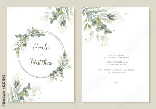 ARustic wedding invitation card with watercolour green leaves. Vector
