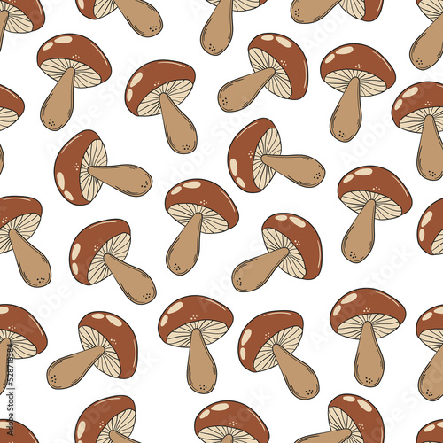 Seamless pattern with hand drawn colored mushroom with on a white background. Doodle, simple outline illustration. It can be used for decoration of textile, paper and other surfaces.