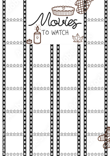 Empty cine-film with space for to fill plan watch movies and series. A4 print ready watching planner blank with empty space. Template bullet journal page, daily planner template, blank for notebook.