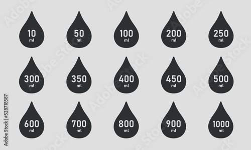 Measure of volume silhouette icon set. A drop of liquid with a value between 10 and 1000 milliliters. Water Capacity symbols. Scale for liquid or ingredient. Vector illustration