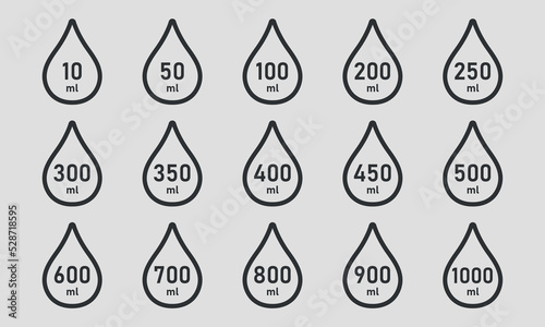 Measure of volume line icon set. A drop of liquid with a value between 10 and 1000 milliliters. Water Capacity symbols. Scale for liquid or ingredient. Vector illustration