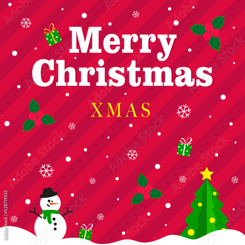 Square banner Merry Christmas or New Year, with place for text. Cartoon snowman and Christmas tree with yellow star. Concept for a postcard or invitation to a holiday. Vector, illustration