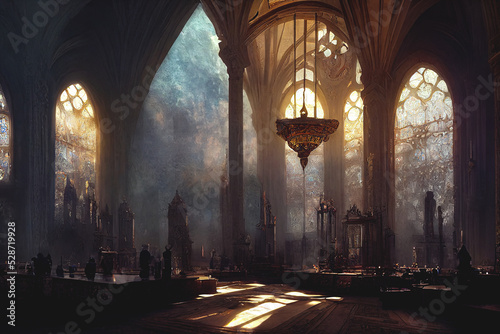 Palace interior with high stained-glass windows made of multi-colored glass, an old majestic hall, sun rays through the windows. Dark fantasy interior. 3D illustration.
