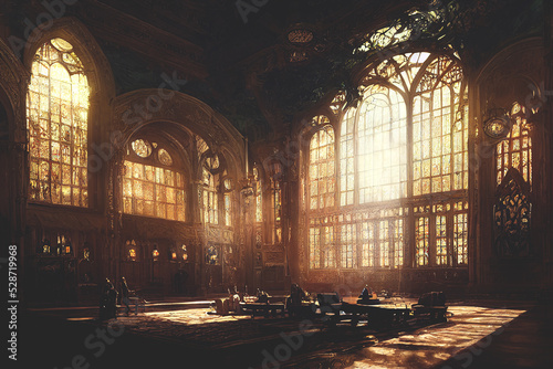 Fotografiet Palace interior with high stained-glass windows made of multi-colored glass, an old majestic hall, sun rays through the windows