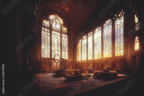 Palace interior with high stained-glass windows made of multi-colored glass  an old majestic hall  sun rays through the windows. Dark fantasy interior. 3D illustration.