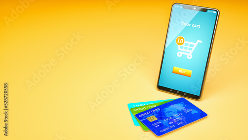 Smartphone with Smartphone cart on screen at check out step and credit cards on yellow background. Online shopping with mobile phone and pay with credit card concept. 3D illustration.