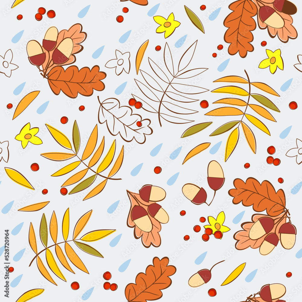 Vector seamless pattern with acorns, leaves and berries and drops. Autumn concept.
