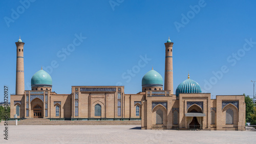 Landscape view of Hazrat Imam mosque and Muyi Mubarak madrasa on Khast Imam square, religious center of Tashkent, Uzbekistan