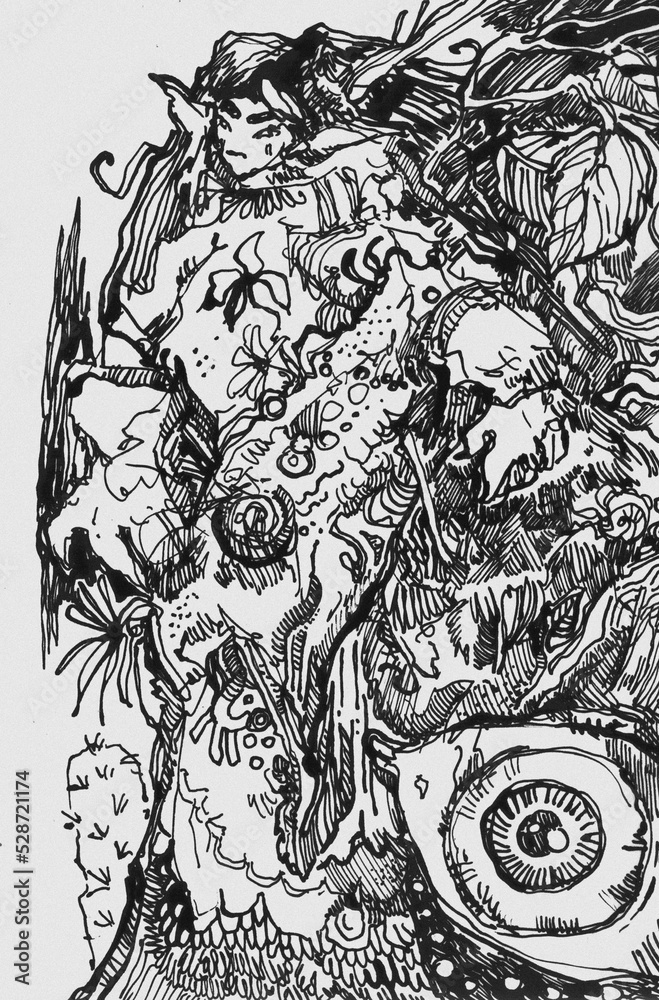 Ink doodle illustration with monsters. Magic abstract art. Can be used ...