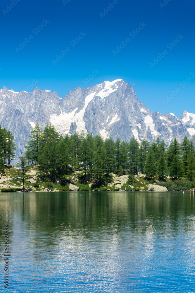 Beautiful reflection of the Mont Blanc on the Arpy Lake, Aosta Valley,  Italy