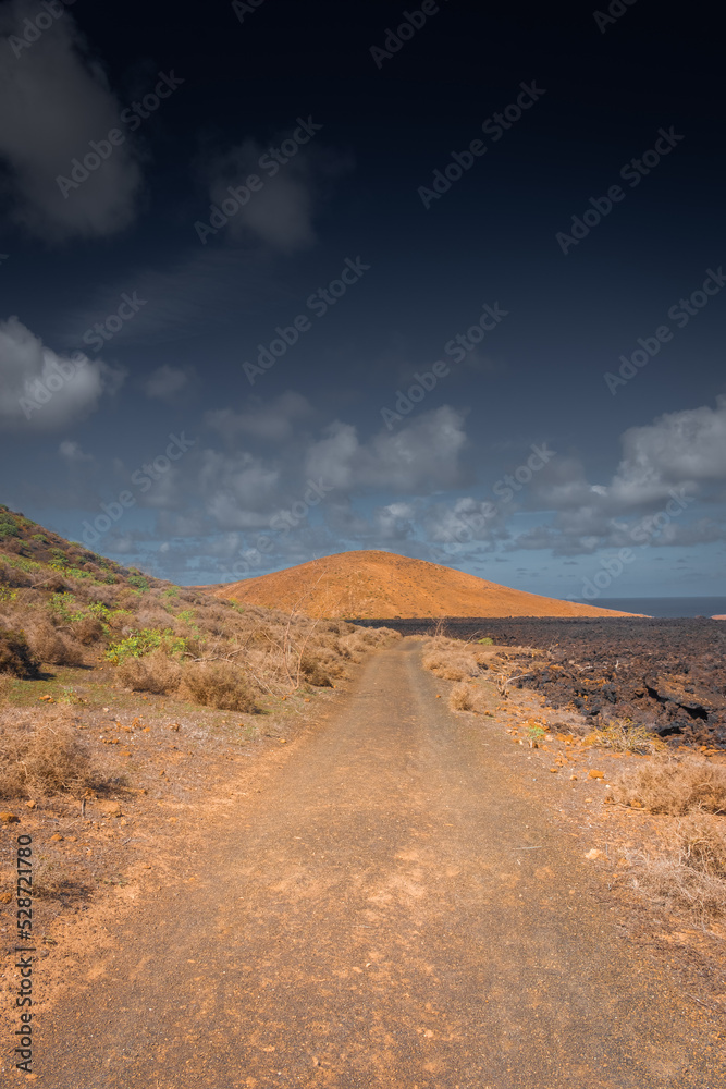 Dramatic landscape viewed from the top of Caldera Blanca volcano, Lanzarote, Canary Islands,  Spain