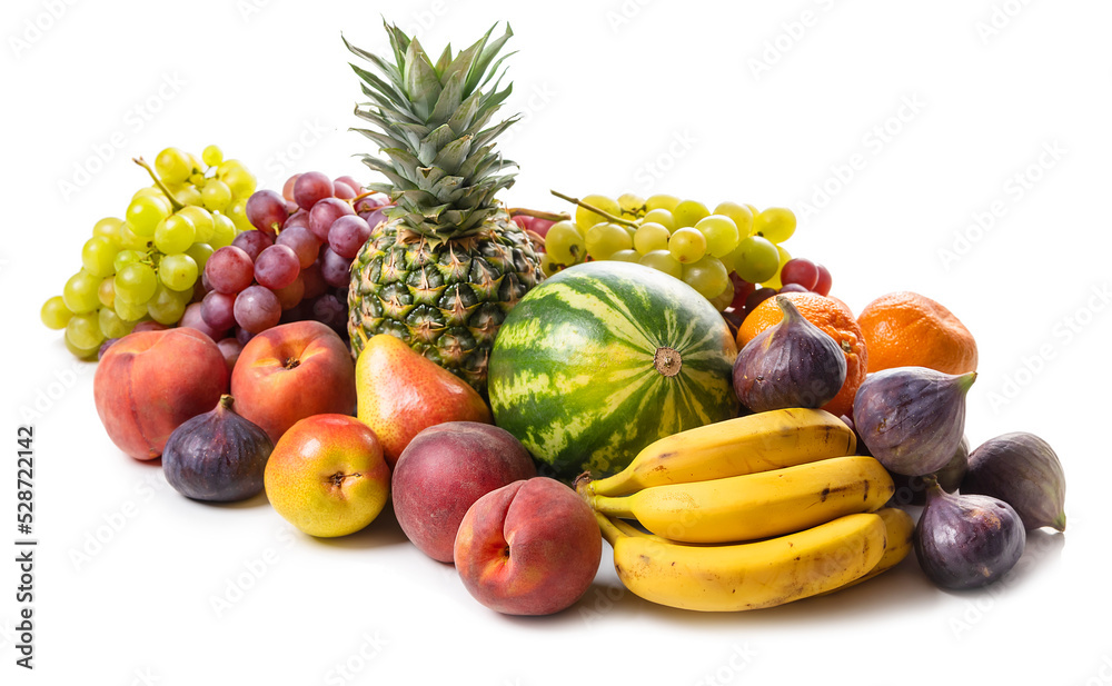 Pineapple, watermelon, grapes, peaches, pears, figs, tangerines, bananas on a white background. Isolate