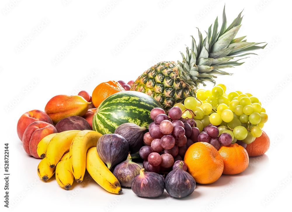 Pineapple, watermelon, grapes, peaches, pears, figs, tangerines, bananas on a white background. Isolate