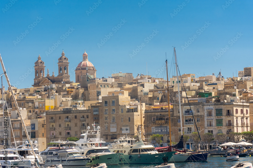 Birgu, Malta, 22 May 2022:  View of Cospicua, one of the three cities, from the marina of Birgu