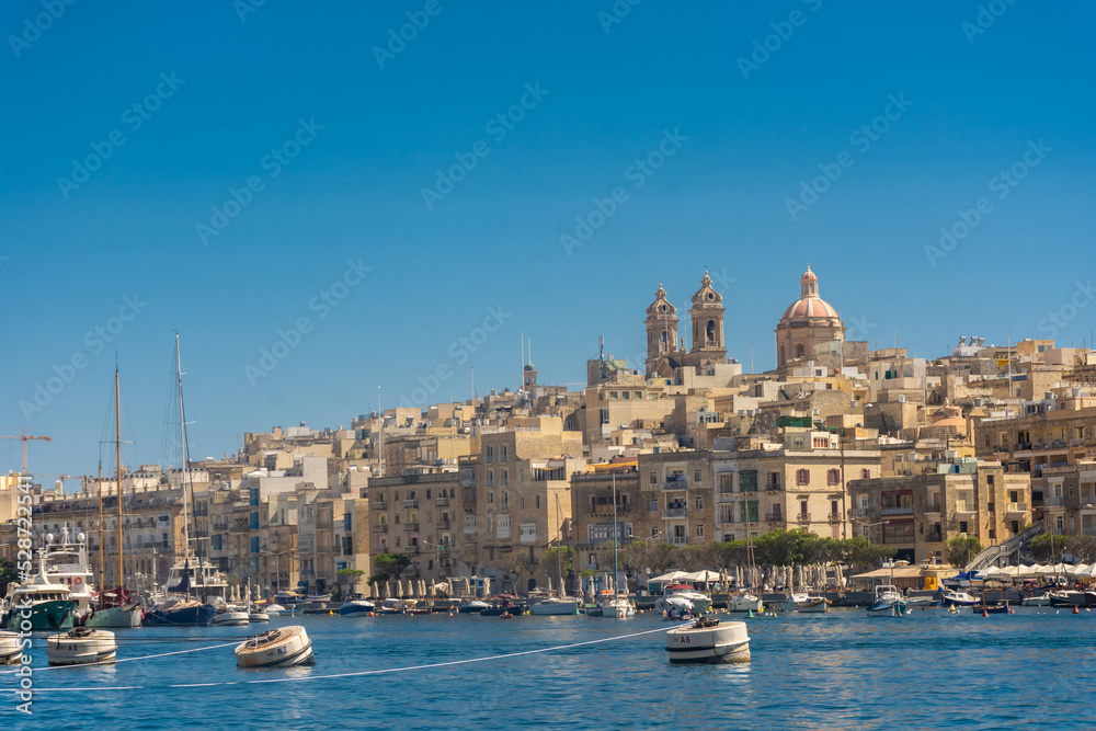 Birgu, Malta, 22 May 2022:  View of Cospicua, one of the three cities, from the marina of Birgu