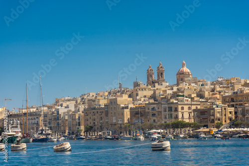 Birgu, Malta, 22 May 2022: View of Cospicua, one of the three cities, from the marina of Birgu