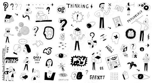thinking , psychology - doodle set  , hand drawn characters ,design elements in sketch style