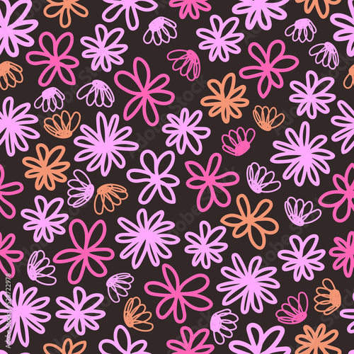  Simple vector flowers seamless pattern in abstract style on dark background.