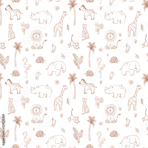 Beautiful seamless baby pattern with cute hand drawn safari elephant lion giraffe toucan zebra monkey flamingo rhino parrot snake jaguar animals. Stock illustration.