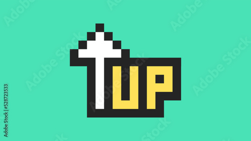 The inscription "up" with an up arrow. Pixel art. Game symbol