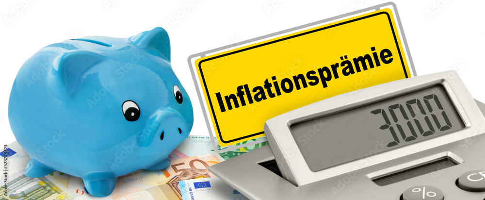 Inflationsprämie 3000 Euro und blaues Sparschwein mit Rechner - obrazy, fototapety, plakaty 