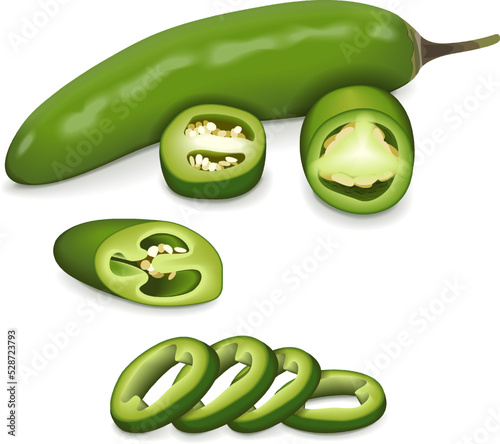 Whole, quarter, slices, and wedges of green serrano Chile pepper
