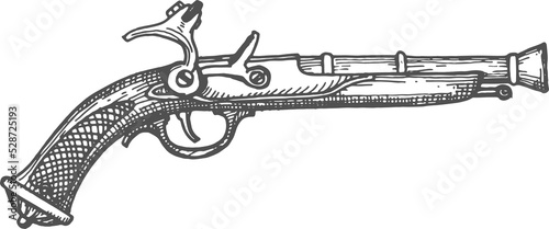 Pirate musket gun rifle, retro revolver isolated photo