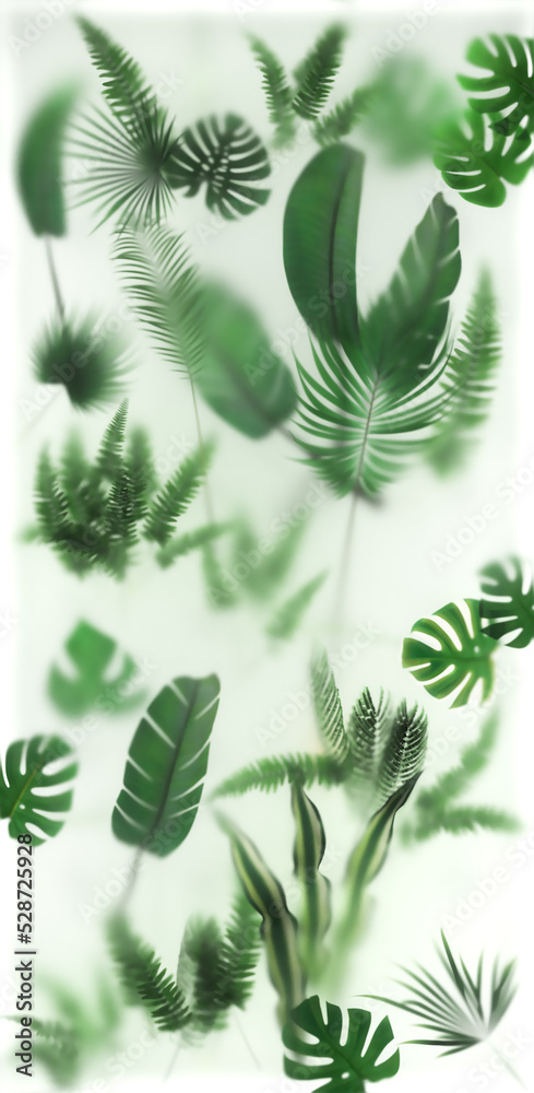 Green plants composition behind the glass with backlight. Size 1200 x 2500  mm. Layout for printing on thin film. 3d rendering. It can be used in interiors instead of real plants.
