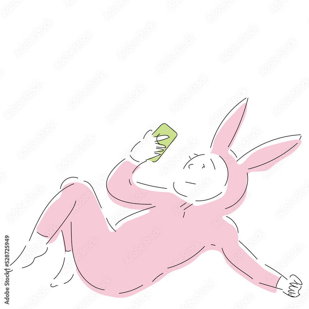 Obraz premium スマホをみながらだらだらしているウサギの着ぐるみを着用した人