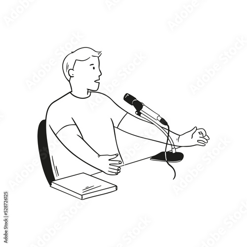 Lecturer lecturing into microphone in cartoon style on white background. Speaker illustration. Vector design.