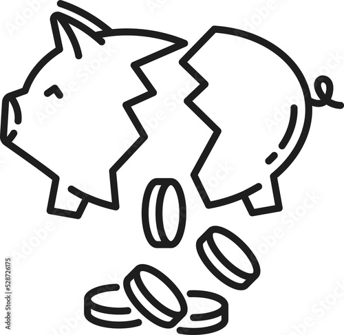 Broken piggy money bank with coin isolated icon
