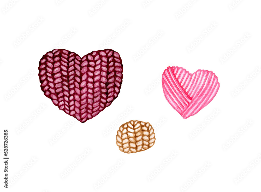 Watercolor hand draw illustration of knitting heart shaped and circle decorative elements. Knitting and Crochet. Watercolor isolated on transparent background. For handicraft store.