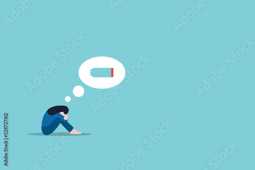 Tired business woman sitting with a discharged battery in the thoughts. Concept emotional burnout, stress or mental disorder