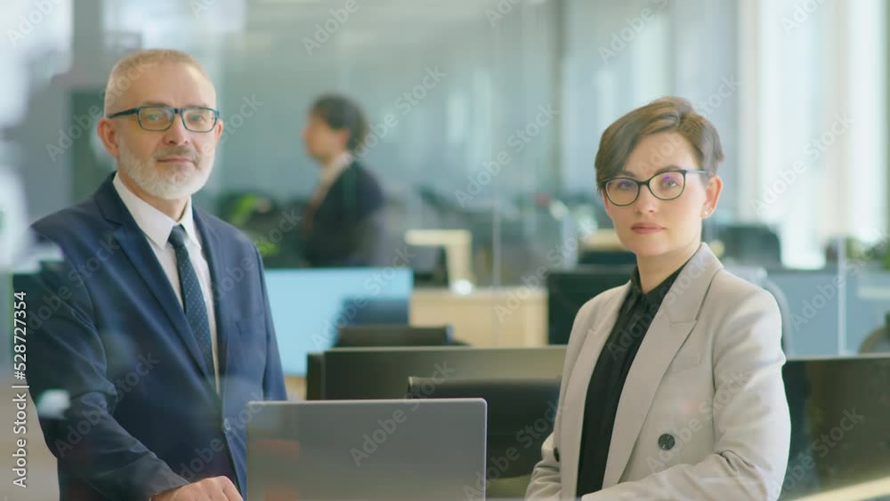 Portrait of senior businessman and young businesswoman in formalwear and glasses posing together for camera during office workday Portrait of senior businessman and young businesswoman in formalwear and glasses posing together for camera during office workday