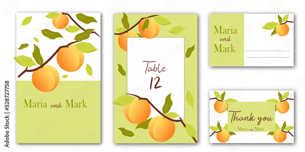 Wedding apricot invitation card, vintage botanical Save the Date set. Design template of fruits, flowers and leaves, blossom illustration. Vector trendy cover, pastel graphic poster, brochure