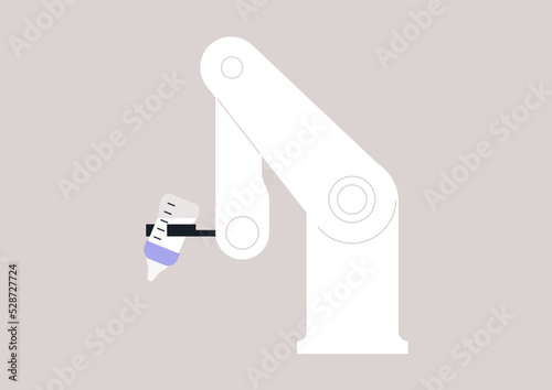 A robotic arm holding a baby bottle with milk, breastfeeding replacement, mew technologies