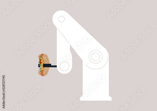 A robotic barista arm serving a hot dog with lettuce, onion ring, sausage and condiments