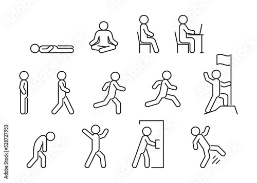 People line icon in different posture, human various action poses. Lie, stand, sit, walk, run, fall. Vector line illustration