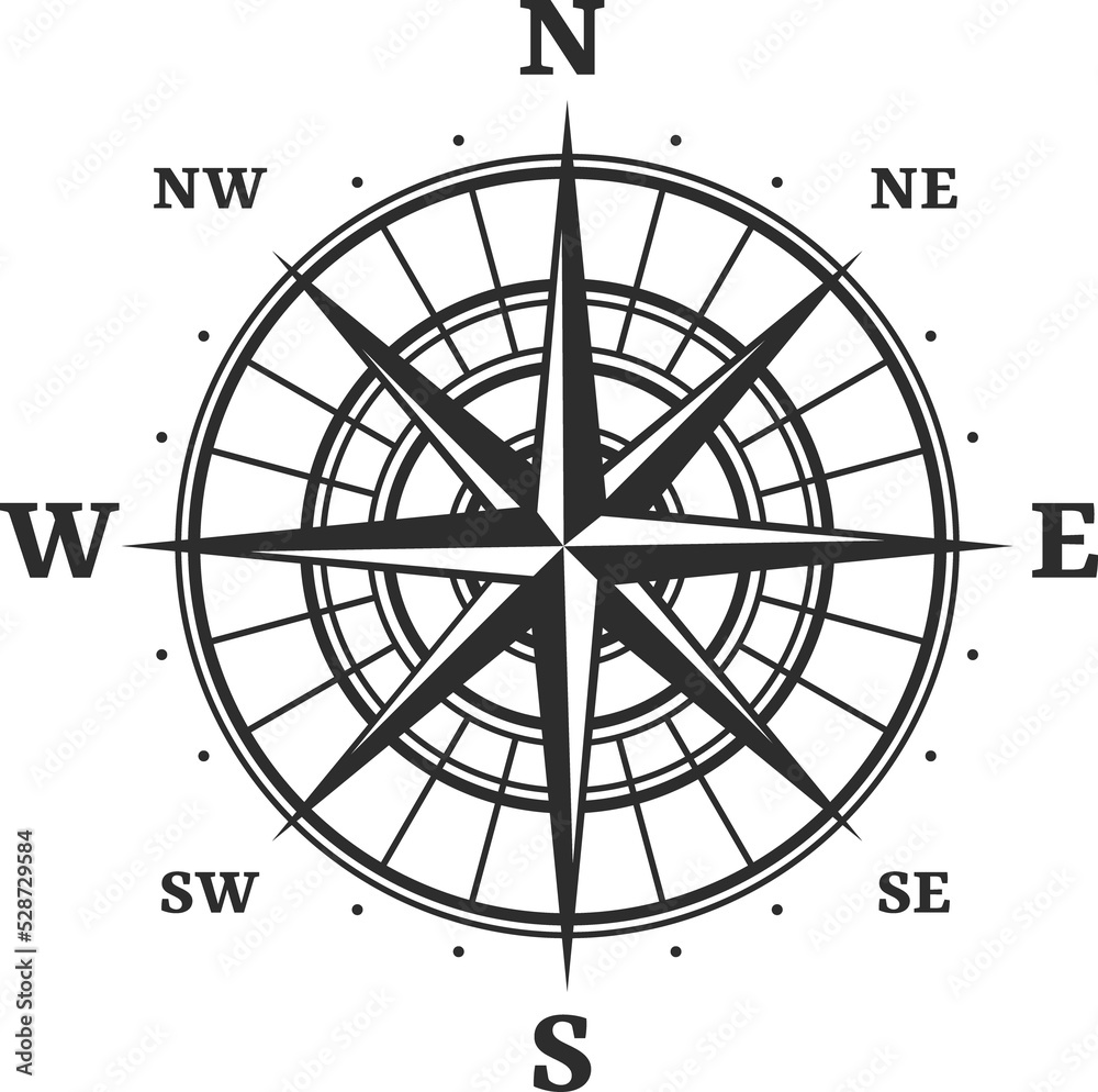 Windrose compass in black and white, rose of wind, obrazy, fototapety