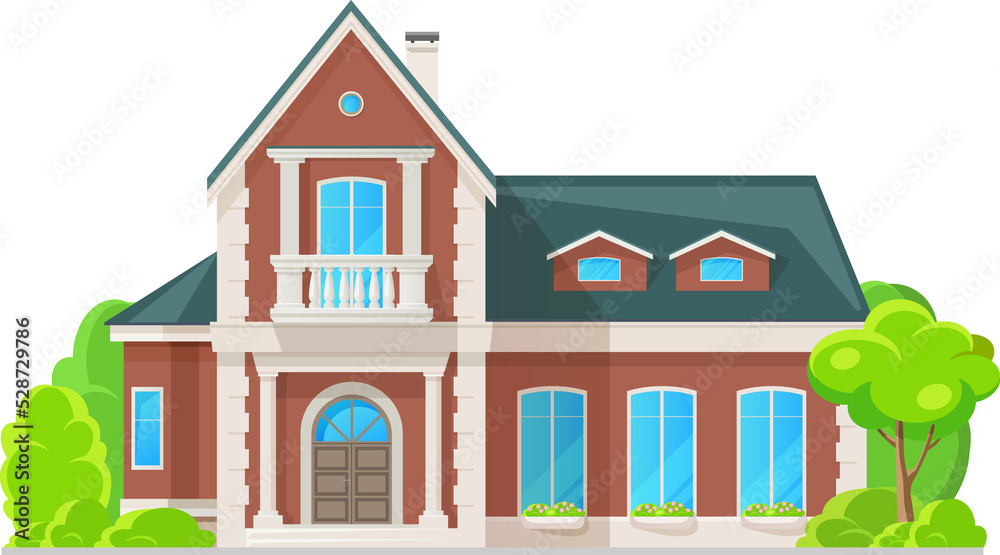 Fototapeta premium House exterior with chimney pipe, balcony, tree