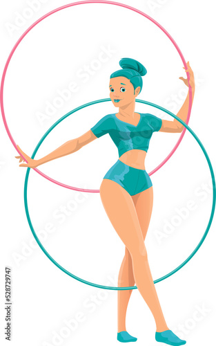 Gymnast ringmaster woman makes tricks with hoops